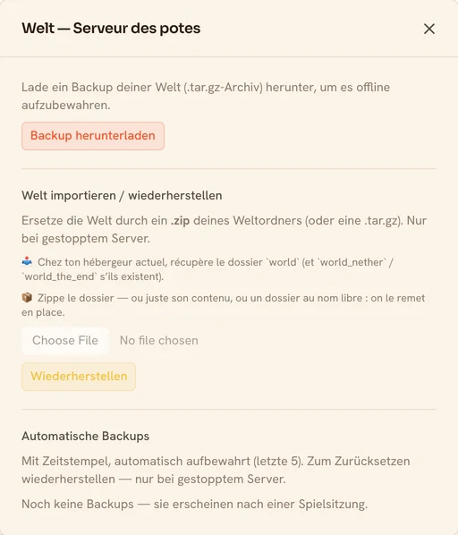 Das Fenster „Welt“ eines TickServ-Servers: Spielstand herunterladen, ein .zip-Archiv mit dem world-Ordner importieren und die Liste der automatischen Sicherungen