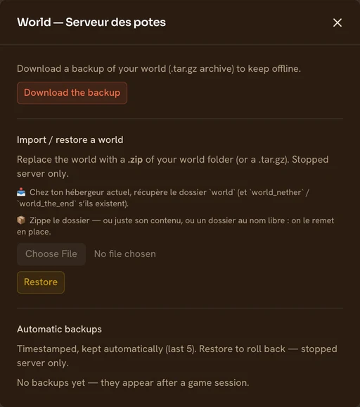 The "World" panel of a TickServ server: download your save, import a .zip archive containing the world folder, and the list of automatic backups