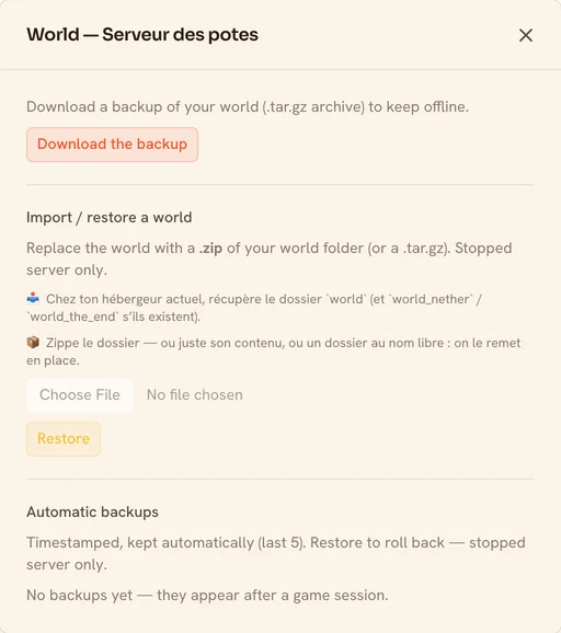 The "World" panel of a TickServ server: download your save, import a .zip archive containing the world folder, and the list of automatic backups