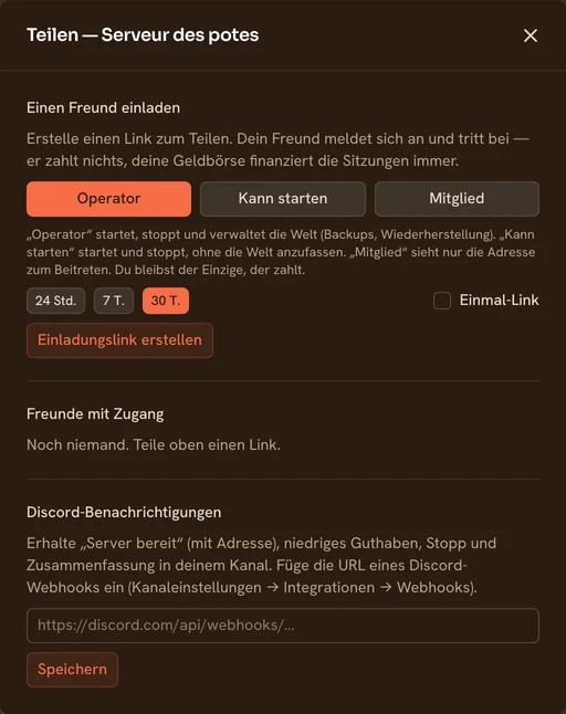 Das Fenster „Teilen“ eines TickServ-Servers: Einladungslink als Operator oder Mitglied erstellen, Liste der Freunde mit Zugang und ein Feld für einen Discord-Webhook für Benachrichtigungen