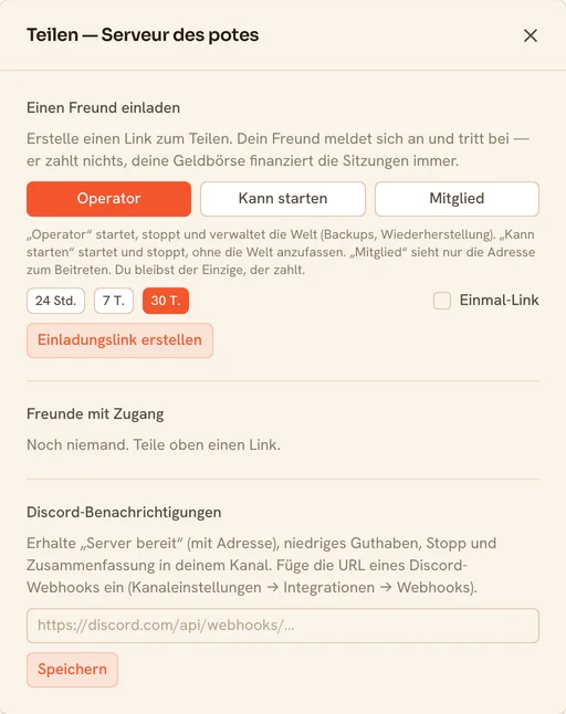Das Fenster „Teilen“ eines TickServ-Servers: Einladungslink als Operator oder Mitglied erstellen, Liste der Freunde mit Zugang und ein Feld für einen Discord-Webhook für Benachrichtigungen