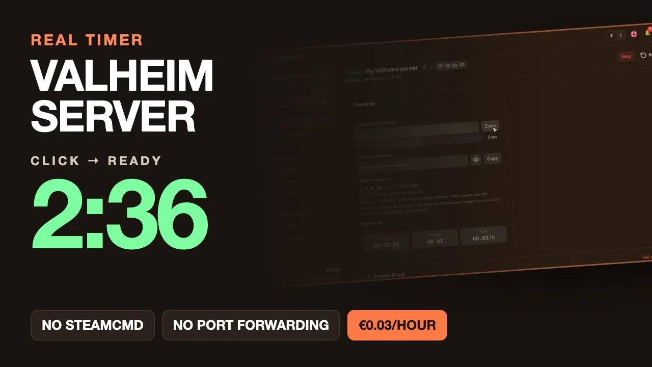 Valheim Dedicated Server in Minutes — No SteamCMD, No Port Forwarding (real timer)